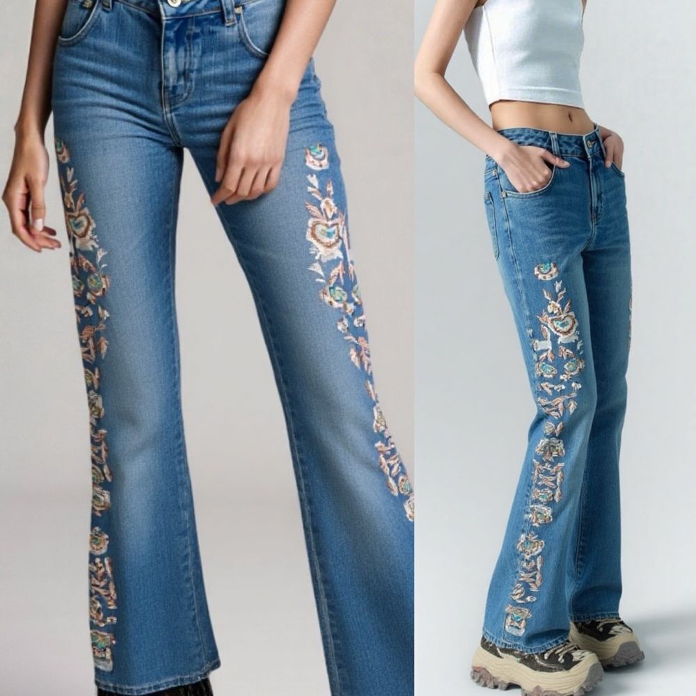 Vintage Y2K Low Rise Flare Jeans Embellished Beaded Embroidered Fairy Boho 27 - Picture 3 of 16